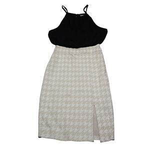 Kimcine Dress Womens L Black Beige Houndstooth Sleeveless Halter Neck Side Slit